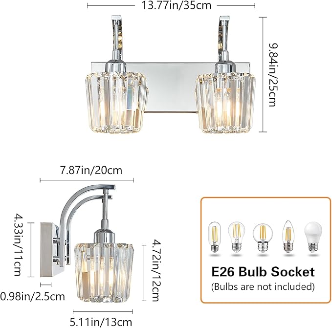 FDPBY Modern Bathroom Vanity Light, 2-Light Chrome Wall Sconce with Crystal Accents, Over Mirror Bathroom Lighting Fixture, 13.77" Long Dimmable Vanity Lamp for Makeup, Easy Installation