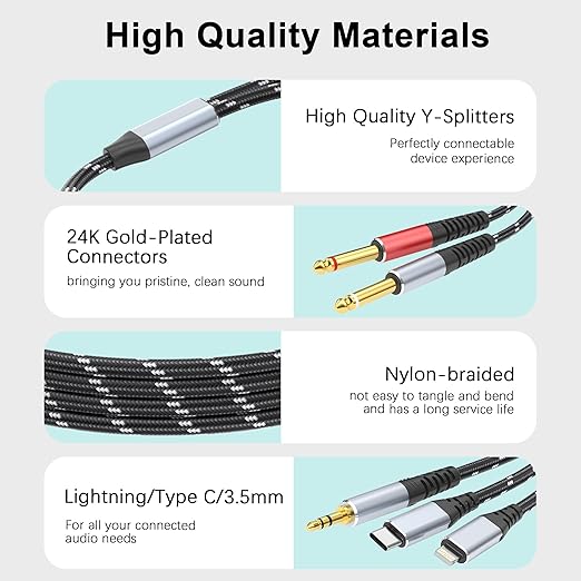 Lightning to Dual 6.35mm 1/4" TS Mono Stereo Y-Cable Splitter,3 in 1 to Dual 1/4-inch Audio Cable, Compatible with smartphones, computers, phones/Pads Amplifiers,speakers,headphones,mixing 3.3FT