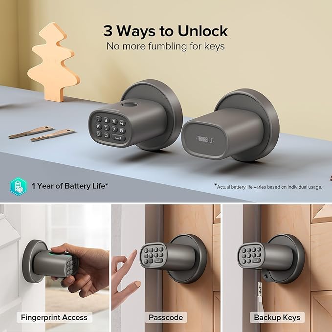 ThorBolt Keyless Entry Door Lock, Fingerprint Door Lock with Keypad Biometric Door Knob, Auto-Lock for Interior Doors Thickness up to 2-1/4", Bedroom, Home Office, Garage, 4xAA Alkaline, MD1 Titanium