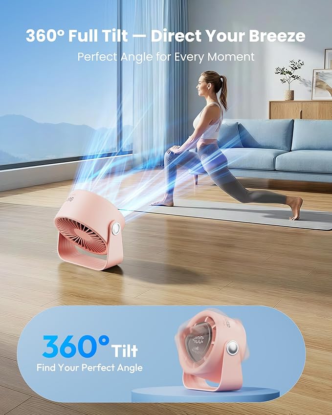 Gaiatop Small Desk Fan Rechargeable, 5in Personal Fan 4000mAh Battery Powered, Touch Control LED Display, 360° Tilt, 5-Speed Strong Wind, Bedroom Dorm Office Desk Accessories, Gifts for Women Girls