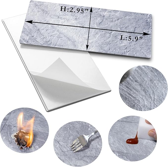 AULIGET Peel and Stick Backsplash Wall Tiles, 3" x 6" PVC Grey Marble Faux Stick on Tiles for Backsplash Kitchen and Bathroom, 4 Pieces