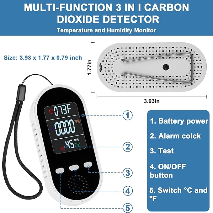 Vzmcov Portable Carbon Monoxide Detector Mini air Quality Monitor with Lanyard Alarm, CO Gas/Humidity Sensor/Indoor/Outdoor Thermometer, Battery Powered LED Screen