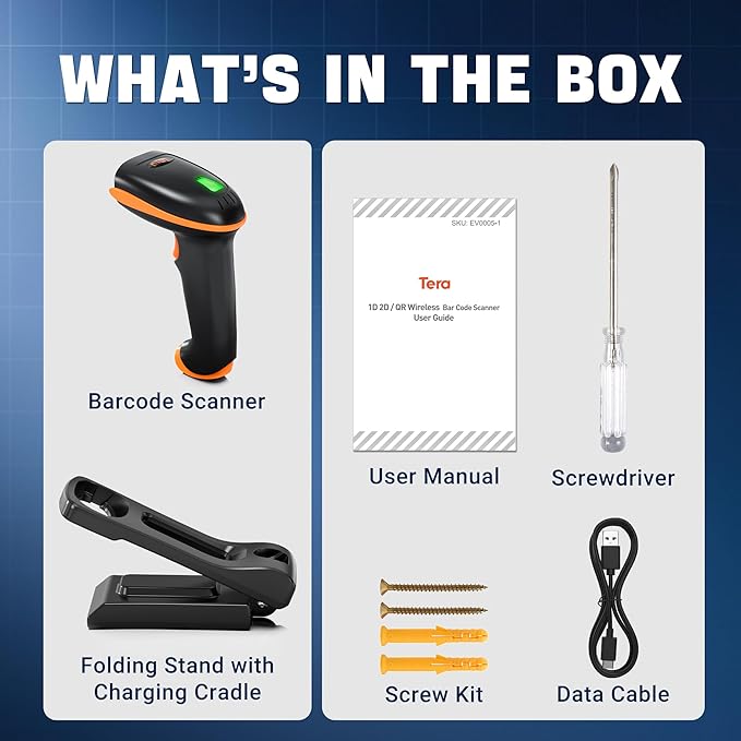 Tera 1D 2D QR Barcode Scanner with Adjustable Folding Stand and Charging Cradle, Wall Mountable 2.4G Wireless & USB 2.0 Wired QR Bar Code Reader with Vibration Alert Model D5100-Fold