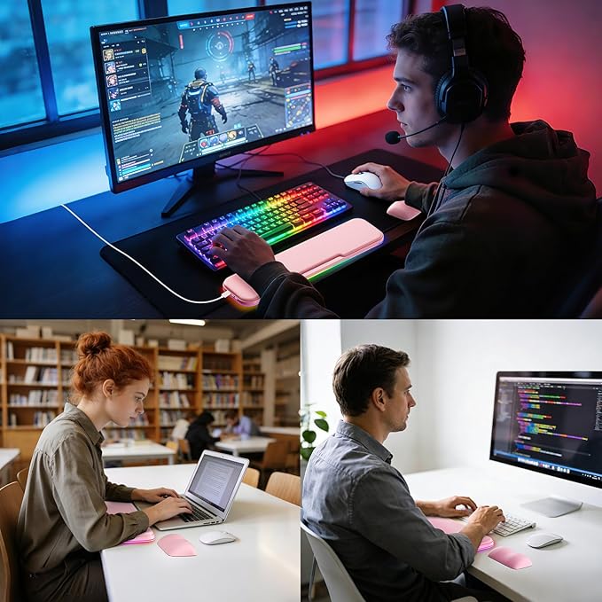 KONDOUND 2-in-1 Heated Wrist Rest Set, Ergonomic Memory Wrist Pad with RGB Lights and Non-Slip Base, Keyboard Mouse Wrist Rest for Computer Laptop Office Work and PC Gaming
