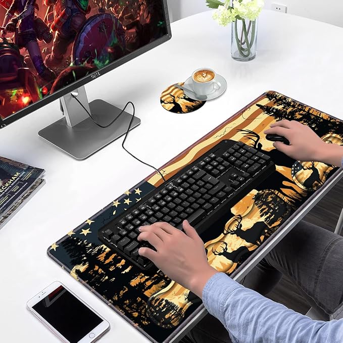 Ergonomic Keyboard Wrist Rest & Mouse Pad Wrist Rest Set, Large XXL Gaming Desk Mat 31.5"x 11.8" with Non-Slip Base, Memory Foam, Easy Typing Pain Relief for Home & Office, American Flag Deer