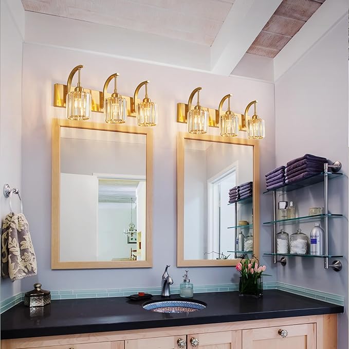 FDPBY 3-Light Crystal Vanity Light, Modern Gold Bathroom Wall Sconce with K9 Crystal Shades, 23.62" Long Over Mirror Lighting for Vanity, Makeup, Hallway, Elegant & Durable