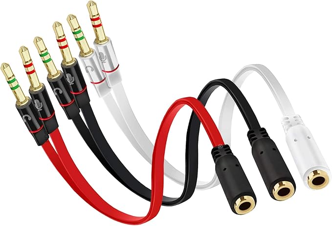 D & K Exclusives Headphone Splitter for Computer, 3-Pack Audio/Mic Splitter 3.5mm Female to 2 Dual 3.5mm Male Headphone Mic Audio Y Splitter Cable Smartphone Headset to PC Adapter, Black, Red, White