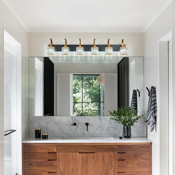 FDPBY 6-Light Crystal Vanity Light, Black Gold Modern Wall Sconce with K9 Crystal Shades, 51.18" Long Over Mirror Lighting for Bathroom, Makeup, Hallway, Elegant & Easy Install