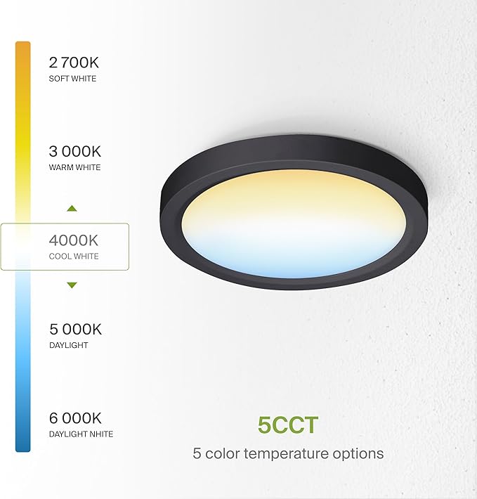 ASD LED 7" Round Flush Mount Ceiling Light Fixture, Low Profile Surface Lighting | 5CCT, Dimmable, Ultra-Thin, ETL Listed | 15W 1260LM 2700-6000K 120V | Kitchen, Bedroom, Hallway Lamp | Black, 6 Pack