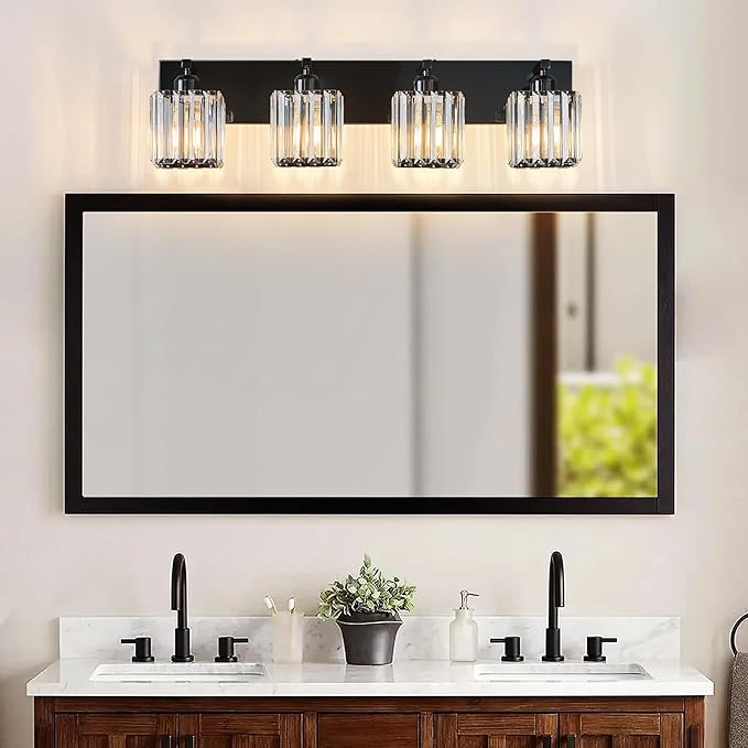 FDPBY Modern Bathroom Vanity Light 4-Lights Plating Black Crystal Bathroom Wall Light Vanity Light Fixtures