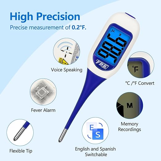 FDK Large LCD Screen Digital Thermometer for Fever, 10 Seconds Fast & Accurate Readings, Large LCD Dual Color Backlight Flexible Tip Ideal for Adults Kids and Babies FSA