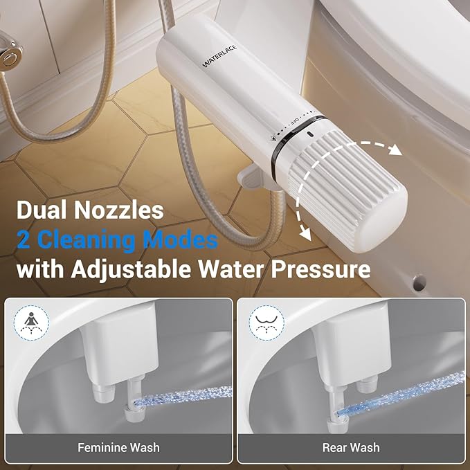 Bidet Attachment for Toilet - Dual Retractable Nozzles Bidet(Hygienic Rear & Feminine Wash) with Adjustable Water Pressure, Ultra Slim Non-Electric Bidet, Easy Installation (Black)