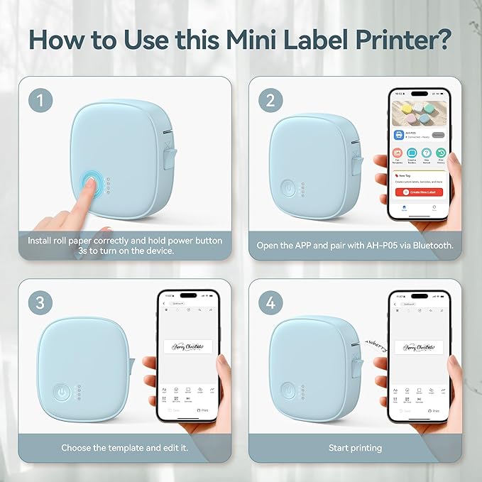 XenGro Mini Label Maker Machine with Tape AH-P05, Portable Bluetooth Mini Label Printer, Wireless Thermal Label Maker, Waterproof & Rechargeable, Built-in Cutter, for Home, Office, Kitchen – Blue