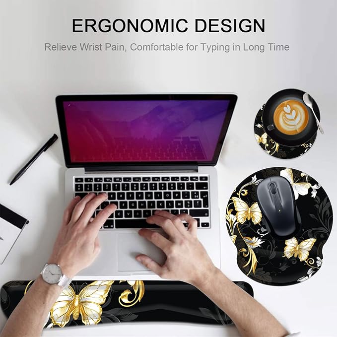 Keyboard Wrist Rest and Mouse Pad Wrist Support Set with Coasters,Non-Slip PU Base Ergonomic Gaming Mousepad for Home Office Working Studying Easy Typing & Pain Relief,Silver Golden Butterfly