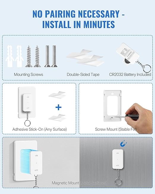 WILAWELS Remote Control Outlet Wireless Wall Mounted Light Switch, Wireless On Off Remote Outlet Switch with Magnetic Base, 100ft RF Range, 15A/1875W, Two Switches for One 0utlet W09RC2106
