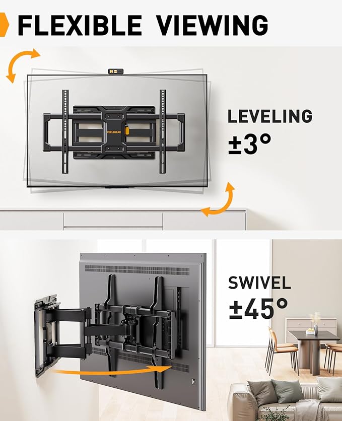 Perlegear Full Motion TV Wall Mount for Most 42–86 inch Flat Curved TVs up to 132 lbs, 12″/16″ Wood Studs, Bracket with Articulating Arms, Swivel, Tool-Free Tilt, Max VESA 600x400mm PGLF12