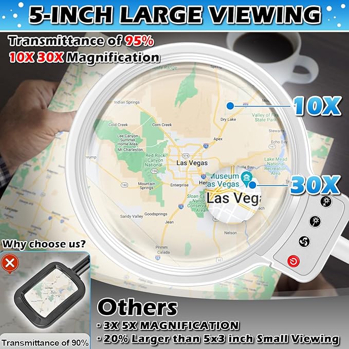 30X 10X Large Floor Magnifying Glass with Light and Stand,72 LED Flexible Gooseneck Floor Magnifying Lamp,2 in 1 Lighted Magnifiers for Close Work, Sewing,Crafts,Hobbies（White）