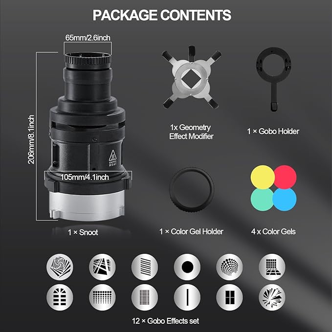Alluneitter S-80 Bowens Mount Optical Conical Snoot Spotlight Kit. Adjustable Focus 38°Lens, Lighting Shape Changeable; for Photography, Studio Video, Compatible with Various LED Lights and Strobes