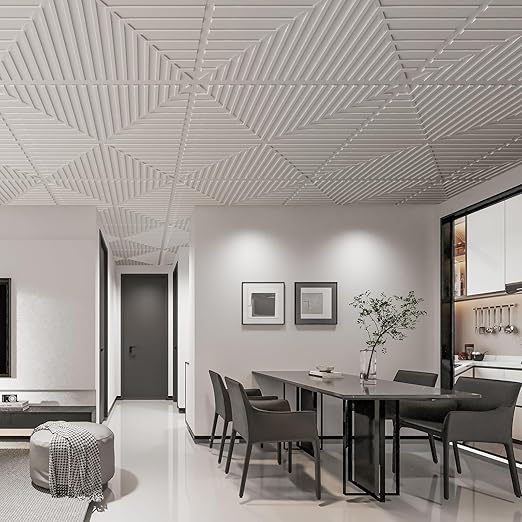 Art3d 12-Pack Drop Ceiling Tiles 2x2 FT, PVC 3D Textured Panels for Interior Wall Decor Living Room Bedroom Office, 24x24 Inch, White