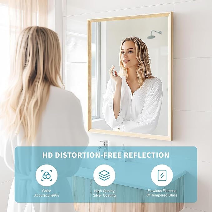 Oak Wood Effect Framed Wall Mirror, 22x30 Rectangle Mirror, Anti-desilvering Tempered Glass, Sustainable& Sturdy Frame, Anti-Rust, HD Reflection &3min Fast Setup for Bathroom Living Room