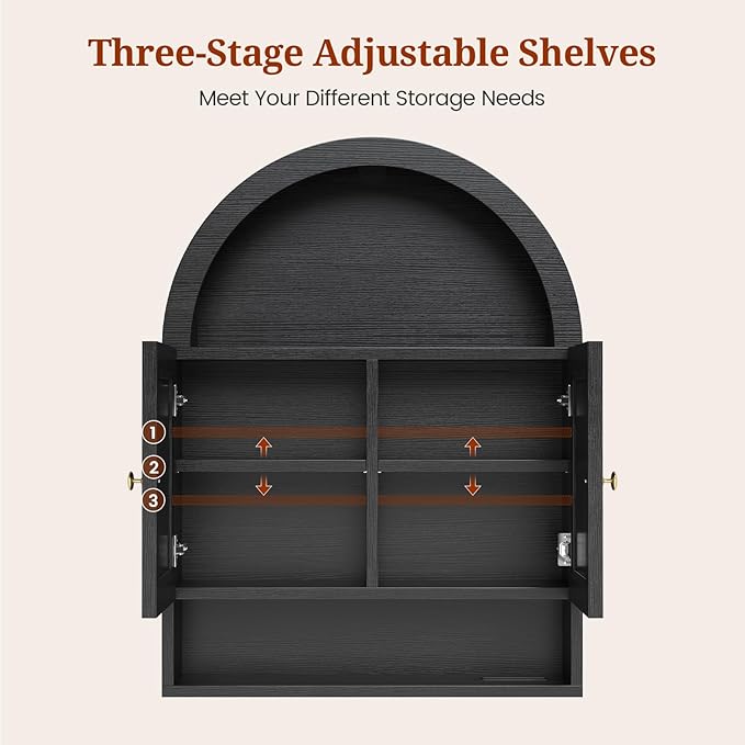 Arched Bathroom Wall Cabinet, 27.4 x 36.4'' Over The Toilet Cabinet with Grille Door, Adjustable Shelf, Wall Mounted Cabinets for Bathroom Laundry Room Kitchen (Black, 36IN)