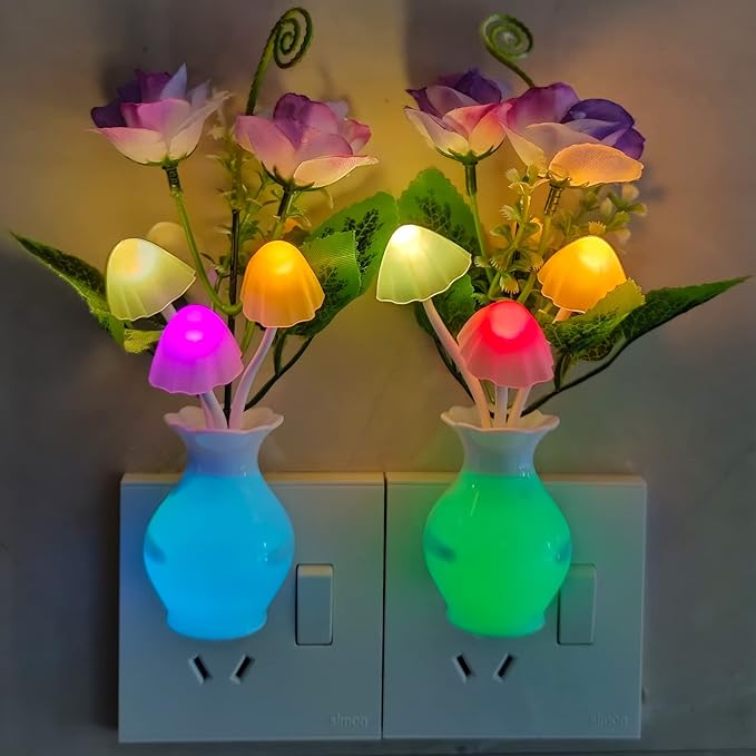 AUSAYE Color-Changing LED Night Light, 1Pack Plug in Dusk-to-Dawn,Home Décor Lamp Dream Nightlight Purple Rose Flower Mushroom Night Light for Kids Adults Bedroom,Bathroom,Stairs, Kitchen,Hallway