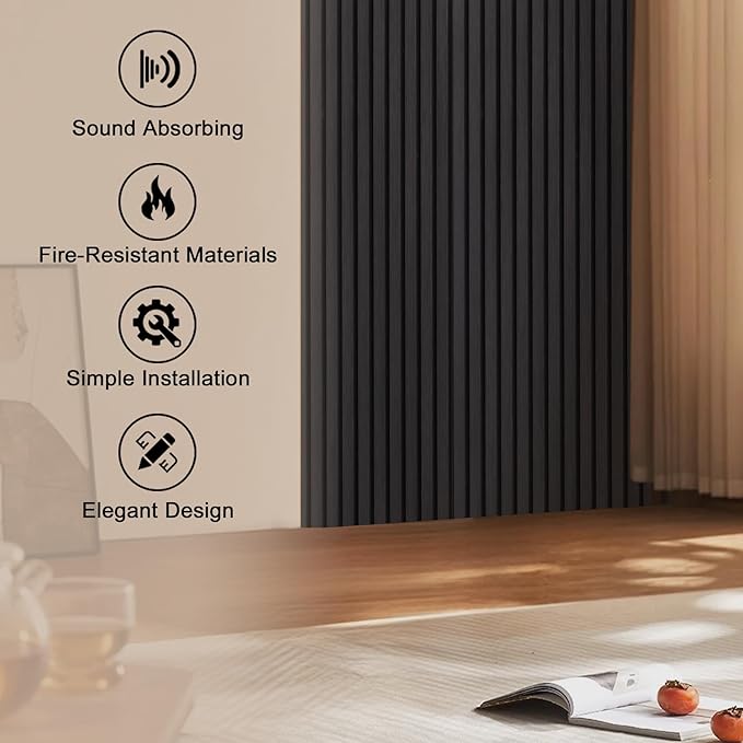 QDYMXUN Wood Slat Acoustic Wall Panels, 4-Pack 94.5'' x 7.9'' 3D Fluted Sound Absorbing Paneling for Interior Accent Wall Decor, Living Room (Matte Black)