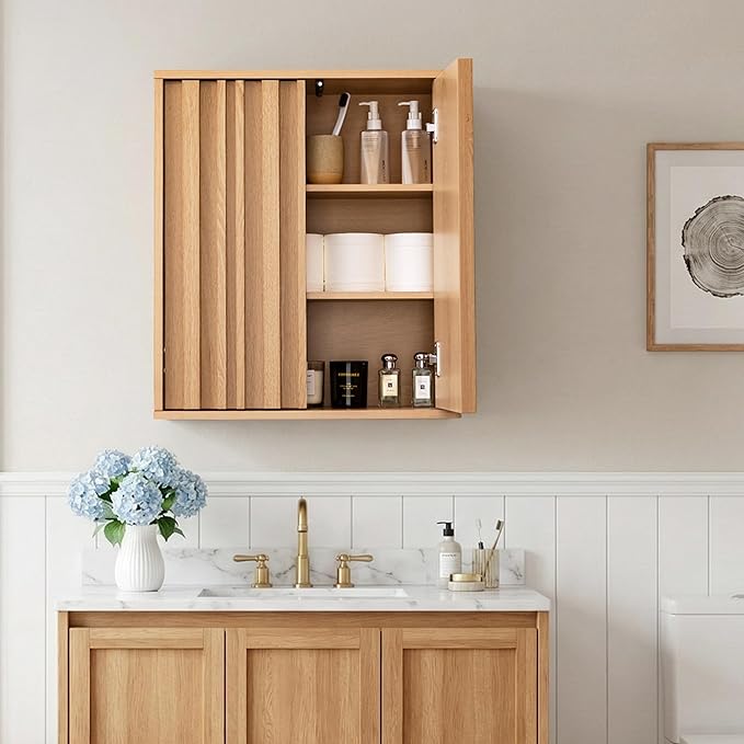 Fluted Wall Cabinet for Bathroom, Modern Wood Hanging Storage Organizer with Push-to-Open Doors, Sturdy 15mm Thick Board, Adjustable Shelves, Over Toilet Medicine Cabinet, Natural Oak Finish
