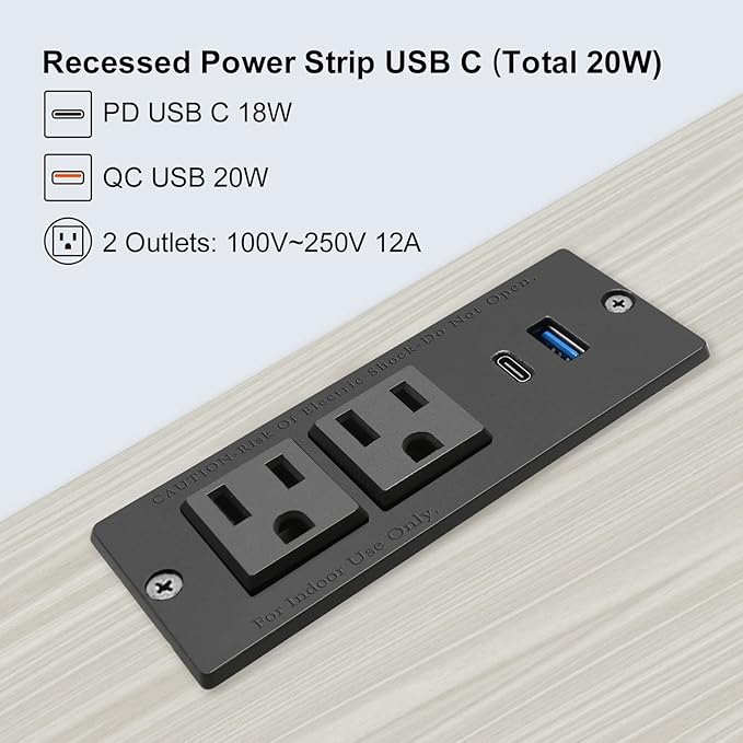 USB C Recessed Power Strip Fast Charge Desktop Power Station 2 Outlets 2 USB (PD20W & QC18W, Total 20W) Mountable Flat Plug Extension Cord Mount for Tabletop Sofa Cabinet Nightstand (USB C Black)
