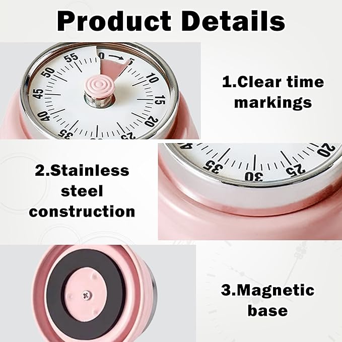 KwonfaiDelil 60-Minute Magnetic Visual Timer, Silent Operation and No Battery Needed, Time Management Tools for Kitchen, Homeschool Desk, Office Meetings & Home Learning Timer (Pink)