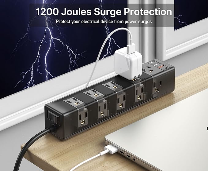 CCCEI Standing Desk Clamp Power Strip with 15 Outlets, Widely Spaced Desktop Edge Mount Surge Protector Outlet, Fast Charging USB-A and USB-C Ports, 6 FT Flat Plug, Black Fit 1.6 inch Table top.
