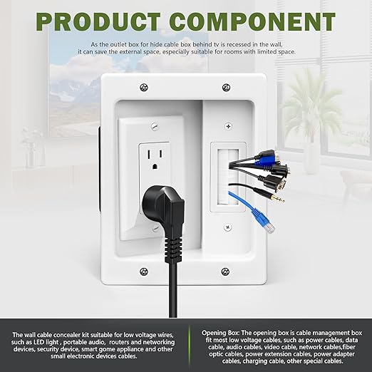 Wall Cable Concealer Management Kit, Recessed Outlet Behind TV for Wall Mount TV with Cable Management Box, in Wall TV Connection Kit Hides Power Cables & Low Voltage Wires Fits All Plugs (NO Wire)