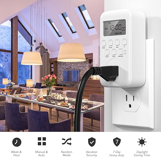BN-LINK Indoor Digital Timer Outlet, Single Outlet 7 Day Programmable Light Switch, 3 Prong Plug in Timers for Electrical Outlets, Lamps, Fans, 8 On/Off Programs, 1 Pack, 15A/1875W, ETL Listed