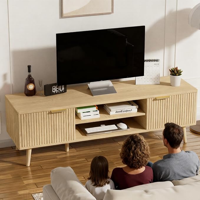 SHGJ&SOFT Storable TV Stand 65 Inch,Mid Century Modern TV Console Two Cabinet Doors with Open Partition in The Middleby by Wooden for Living Room,Bedroom. (Wooden, 1PC)