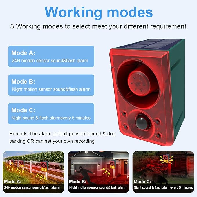 ChunHee Solar Outdoor Motion Sensor Alarm with Dog Barking Gunshot Sound, Support Recording and Adjustable Volume, 130db Loud Noise Maker 3 Work Modes Strobe Light for Home, Villa, Farm, Barn (2pack)