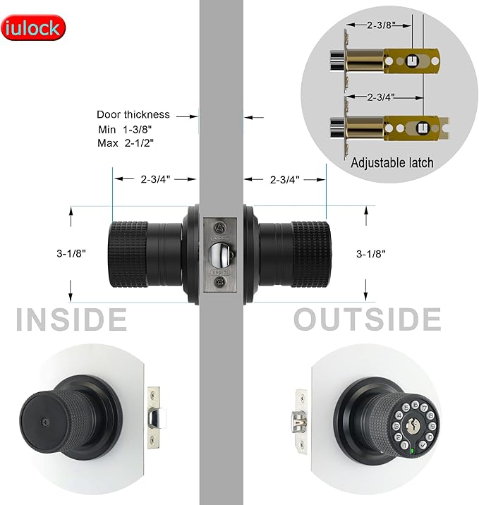 iulock Smart Door Knob with Keypad and Key,Keyless Entry Door Lock with Rubber Grip, Auto Lock,50 User Code,Waterproof, Easy to Install and Program for Bedroom (Matte Black Same Key 2 Pack)