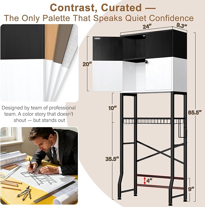 Over the Toilet Storage Cabinet - Freestanding Bathroom Organizer Shelf with Doors, Black & White Over the Toilet Shelves that Separates Wet and Dry Areas, Privacy Protection Above Toilet Storage Rack