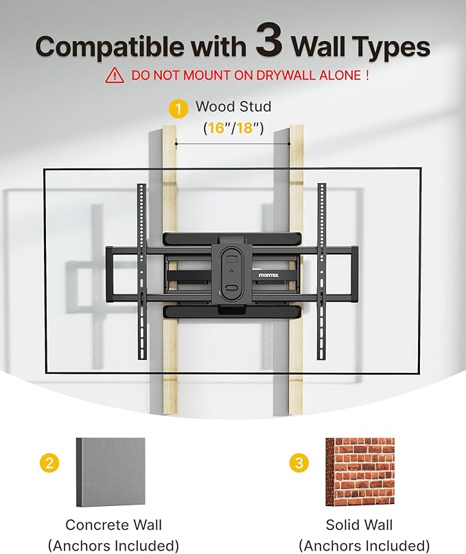 monTEK Heavy Duty Full Motion TV Wall Mount for 43–100 Inch TVs Pre-Assembled Bracket with Tool-Free Tilt Swivel & Extension Max VESA 800x600, 150lbs 4X Strength Tested Fits 16/18 Inch Studs, HW1276BK