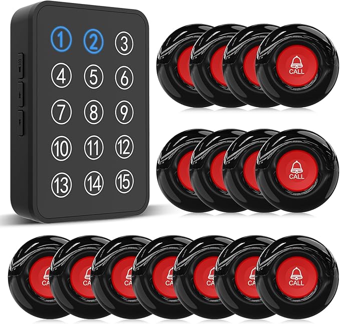 CallToU Wireless Caregiver Pager Nurse Call Button for Elderly LED Call Light Nurse Alert System Call Bell for Patients at Home Clinic/Medical Institution/Nursing Home (15 Call Button + 1 Receiver)