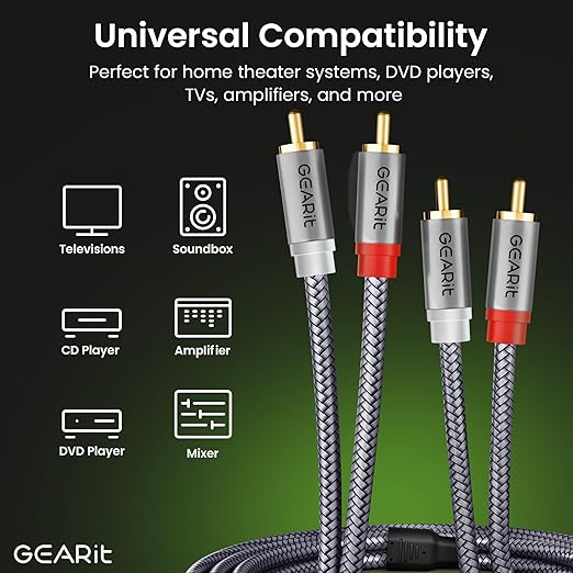 GEARit RCA Cable (1FT) 2RCA Male to 2RCA Male Stereo Audio Cables Shielded Braided RCA Stereo Cable for Home Theater, HDTV, Amplifiers, Hi-Fi Systems, Car Audio, Speakers, 1 Feet