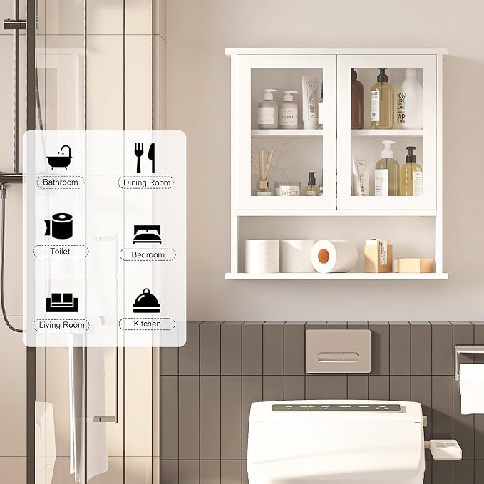 Modern Hanging Bathroom Cabinet, Sturdy Wooden Medicine Cabinet with Buffering Hinge & Anti-Scratch Door, Space-Saving Wall Mounted Over Toilet (Acrylic-Insert Panel Door)