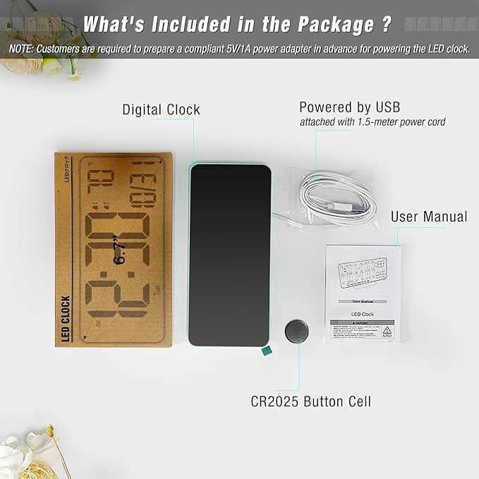 KOSUMOSU Digital Alarm Clock for Bedroom, 6.7in Desk Clock LED, Auto Dimming, Room Temperature, Day of The Week, Date, Seconds, Clocks for Living Room, Alarm Clocks for Bedrooms