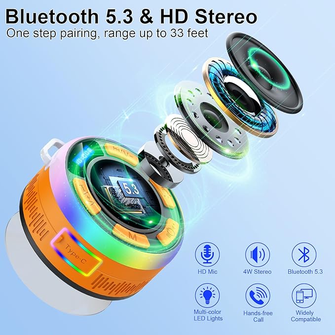 IPX7 Waterproof Shower Bluetooth Speaker, Portable Small Speaker with Suction Cup and Time Display, Loud Crystal Sound & Bass 10H Playtime 1100mAh, Shower Speakers for Pool, Beach Christmas Orange