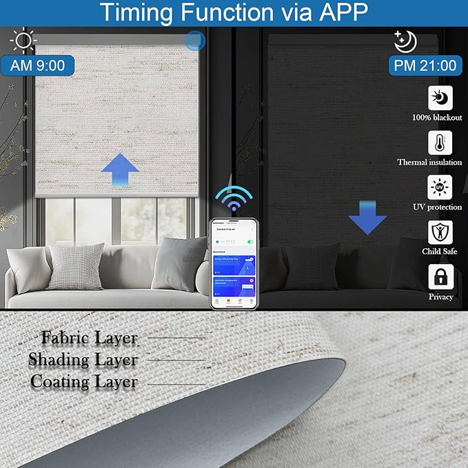 COOLWINDS Motorized Blinds with Remote Cordless Automatic Motorized Shades Custom Blinds for Windows Smart Curtains Compatible with Alexa Google Home(Blackout Linen Sandy Beach,W45 x H72in)