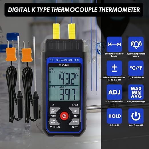 Thermocouple Thermometer Digital K Type Thermometer with 4 Thermocouples, -328~2500℉ Measuring Range HVAC Dual Channels Temperature Meter Gauge with LED Backlight & ADJ Compensation