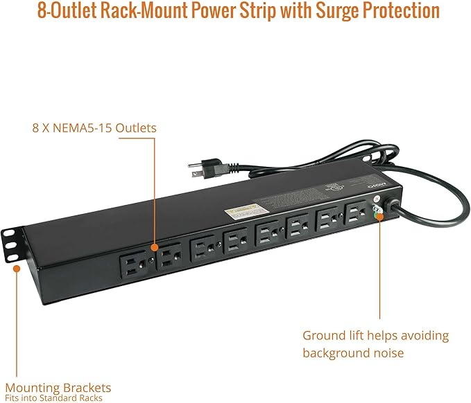 Tecmojo 1U Rack-Mount Horizontal 8-Outlet Power Strip UL Listed PDU with Surge Protection 6ft Cord Power Distribution for IT and Network Server Racks