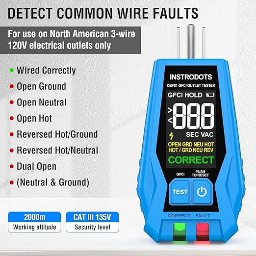 INSTRODOTS Circuit Breaker Finder Tool with Accessories, 90-135V AC Digital Breaker Finder with Integrated GFCI Outlet Tester, Circuit Tracer with Buzzer Alarm & Color Display, Includes Carrying Case