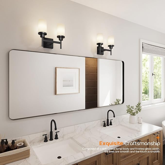 AONEON Wall Light Fixtures Matte Black Bathroom Vanity Lights Over Mirror with White Frosted Glass, Double Wall Lamps for Hallway Washroom Porch T001MB-L2