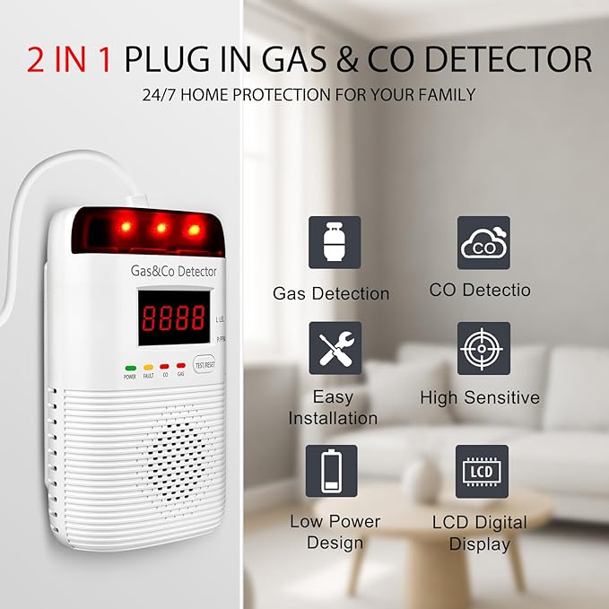 Combination Gas & Carbon Monoxide Detectors Plug in, 2-in-1 Gas Leak Detector & Carbon Monoxide Alarm with Digital Display, Audible & Visual Alarm, Gas CO Leak Sensor for Home, RV