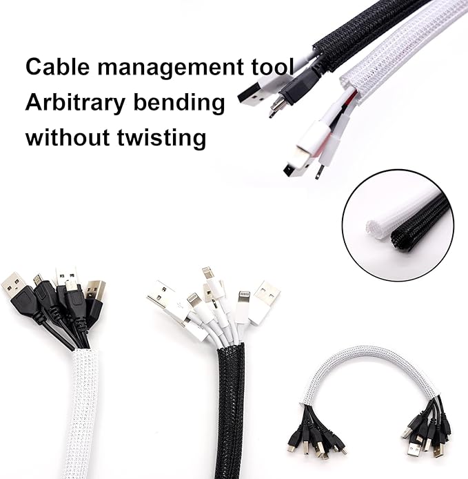 QCSIW 3/8" 50ft Braided Cable Sleeve Split Wire Loom Tubing – Expandable Cord Protector for USB, Power Cords, Audio/Video Cables – Cat Chew Proof, Durable Wire Management Sleeving (Black)